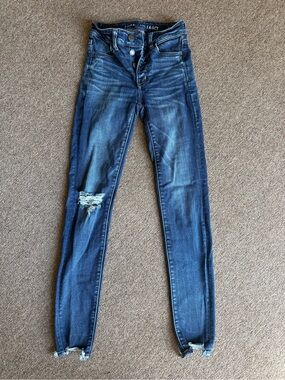 American Eagle Outfitters Dark Blue Ripped High-Rise Skinny Jeans